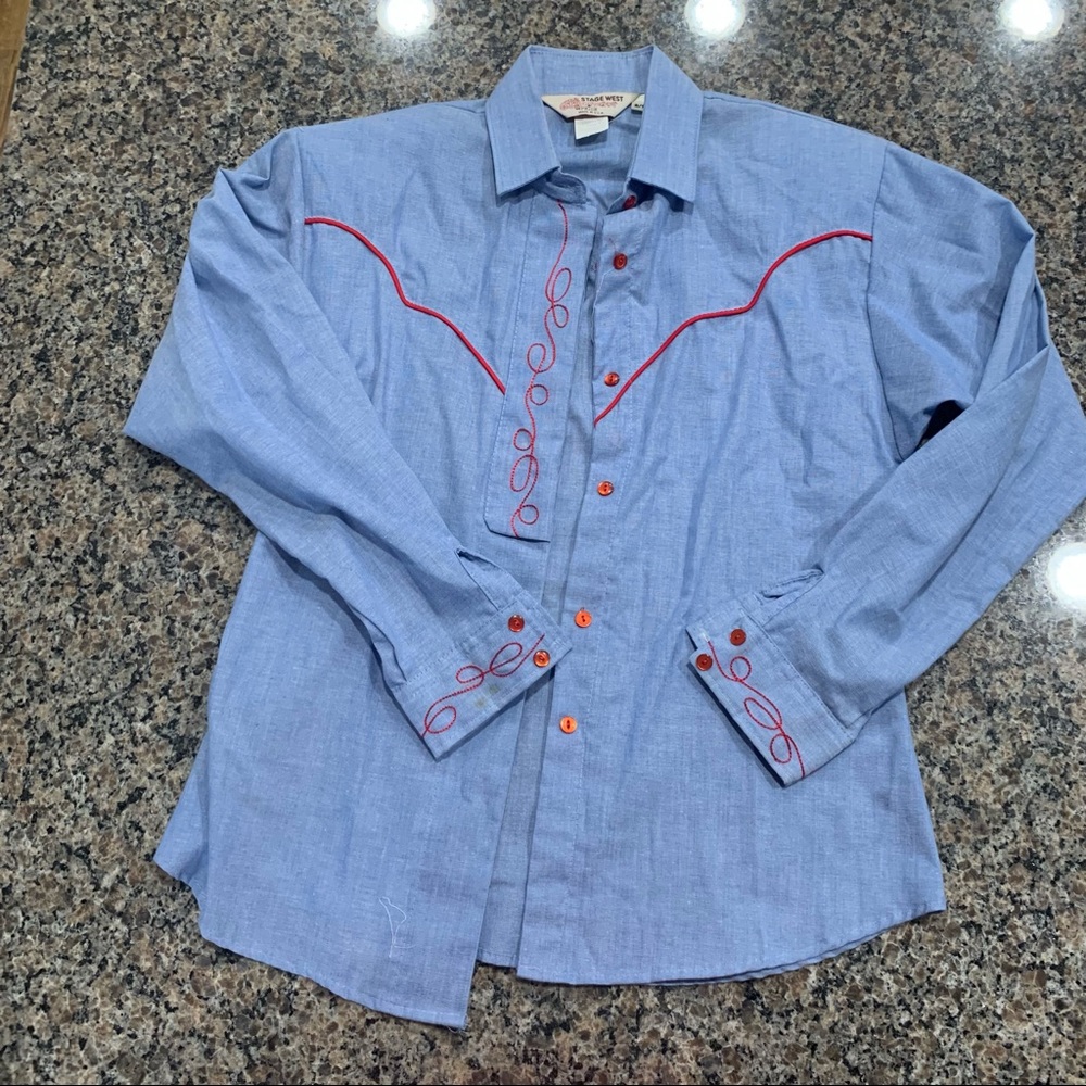 Vintage Chambray Cowgirl Embroidered Long Sleeve Button Down Size 10